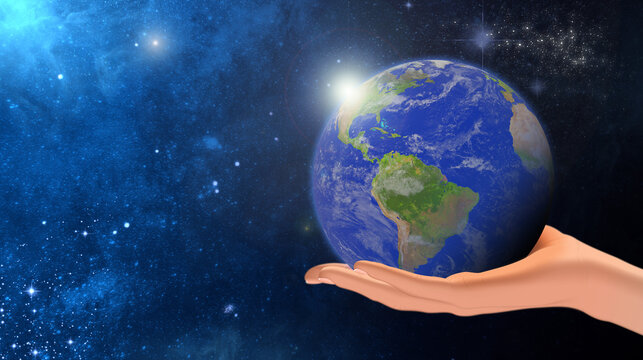 Earth in hands. Green planet on hand. Save of earth. Environment concept for background web or world guardian organization. Elements of this image furnished by NASA.
