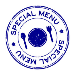 Grunge blue special menu word with dish, spoon and fork icon rubber seal stamp on white background
