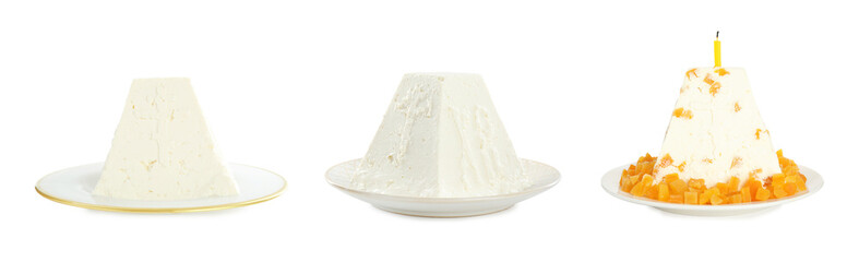 Set with traditional cottage cheese Easter paskhas on white background, banner design