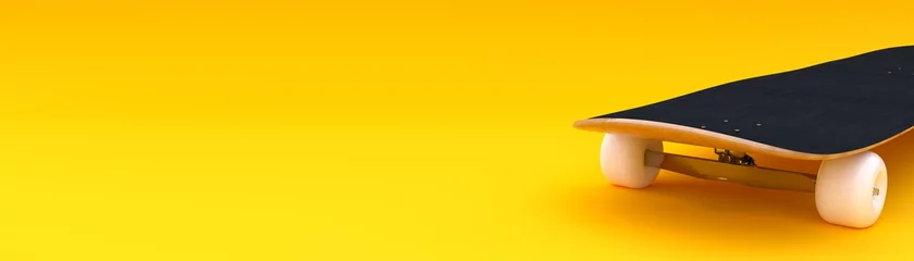Gordijnen Skateboard Skateboard Billboard in yellow background , skate board advertisement huge or big size, extreme game and fun , enjoy and play a game or hobby, energy , stunt and motion concept , Teen or young hipster  © BT Stock Studio
