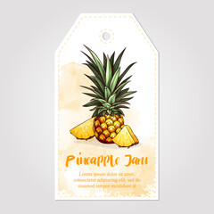Label or sticker design with pineapple illustration. Homemade pineapple jam. For natural or organic fruit products and health care goods.