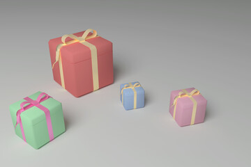 Bright colored gift boxes tied with ribbons. Gift boxes of different sizes on a gray background. 3D rendering.