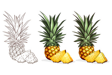 Handdrawn color pineapple illustration. For natural or organic fruit products and health care goods.