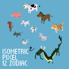 Pixel art set of isometric 12 Zodiac.