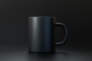 Black coffee cup or empty mug for drink on dusky dark background with blank ceramic porcelain mockup template. 3D rendering.