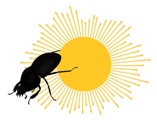 Scarab sacred Egyptian beetle rolls sun disk. Colorful flat illustration. Vector insect isolated on white.