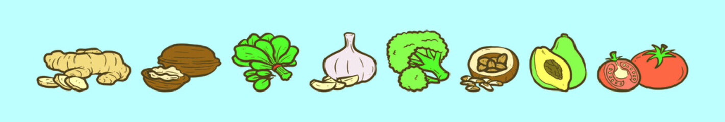 set of super food cartoon icon design template with various models. vector illustration isolated on blue background