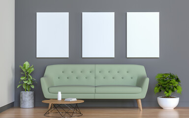 Mock up frames composition in modern Living room interior background, 3D render.