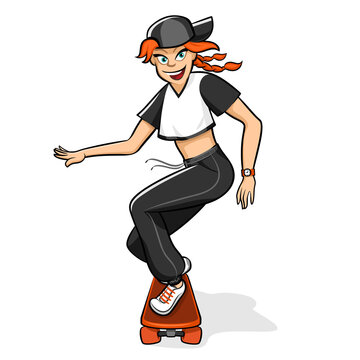 Teen girl scating. Sport activity. Scateboarding girl cartoon vector illustration