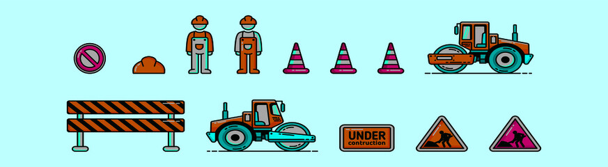 set of road construction cartoon icon design template with various models. vector illustration isolated on blue background