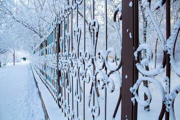 Metal fence of a city park in the snow, perspective of a path, winter landscape.