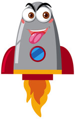 Rocketship cartoon with cheeky face on white background