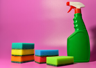 Detergent spray cleaner and sponge for washing. Detergents for laundry. Household chemicals for...