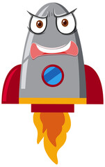 Rocketship cartoon with angry face on white background