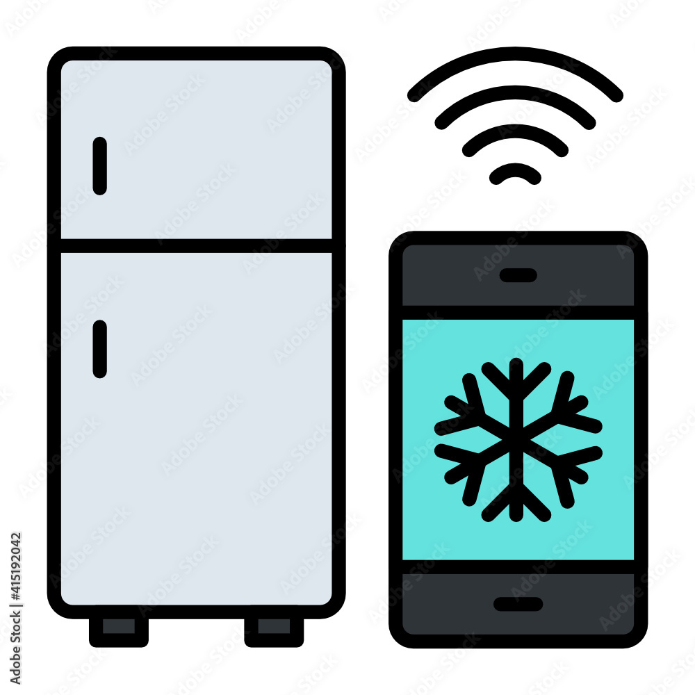 Poster internet refrigerator concept, fridge control via mobile apps vector line icon design, internet of t