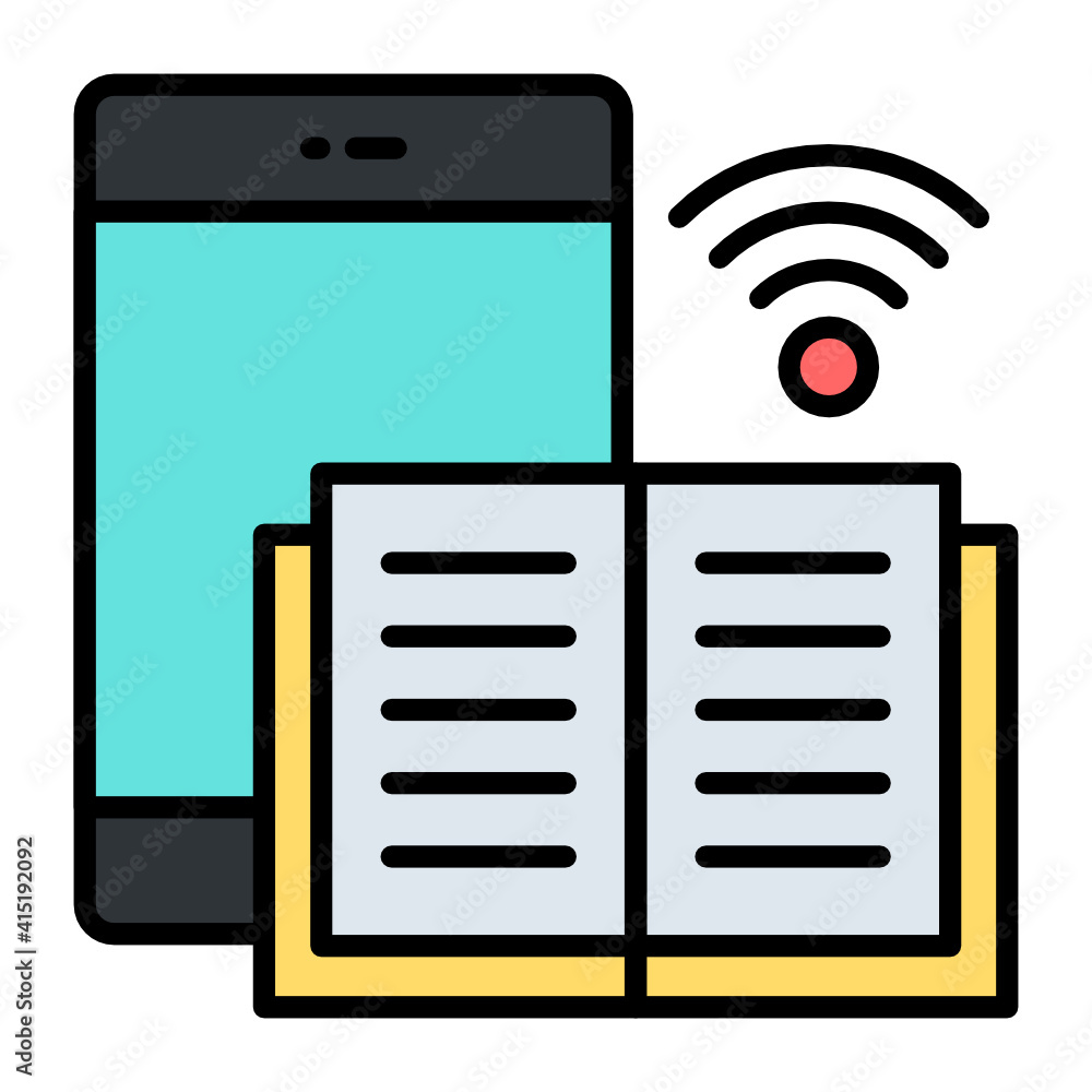 Poster machine learning concept, book with tab and wifi signal vector color line icon design, internet of t