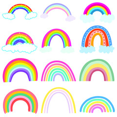Color rainbow with clouds isolated on white background. Vector Illustration.