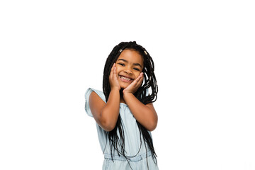 Happy longhair brunette little girl isolated on white studio background with copyspace for ad....