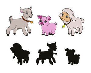 Find the correct shadow, educational game for toddlers, cartoon goat, pig and lamb on a white background, vector illustration
