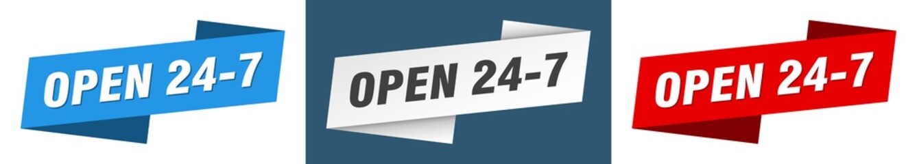 open 24 7 banner. open 24 7 ribbon label sign set