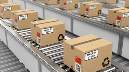 Cardboard Boxes with the Label China on Conveyor Belt, 3D Rendering