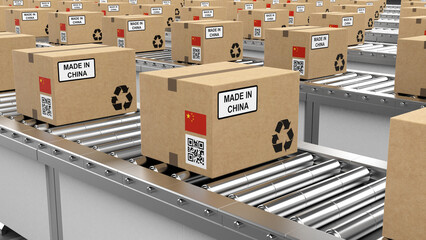 Cardboard Boxes with the Label China on Conveyor Belt, 3D Rendering