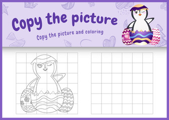 copy the picture kids game and coloring page themed easter with a cute penguin in the egg