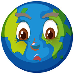 Earth cartoon character with confused face expression on white background