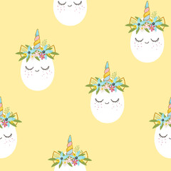 Cute unicorn easter egg with flowers wreath. Happy Easter seamless pattern. Vector illustration EPS10