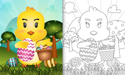 coloring book for kids themed happy easter day with character illustration of a cute chick holding the bucket egg and easter egg