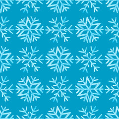 Seamless pattern with light blue snowflakes on a blue background. Christmas watercolor illustration with snowflakes.  Print for wrapping paper, cards, banners, posters, web, fabrics, invitations.