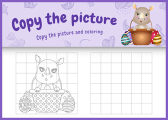 copy the picture kids game and coloring page themed easter with a cute rhino in bucket egg