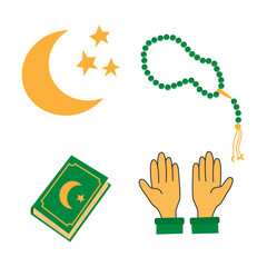 Set of holy Ramadan Kareem elements: koran, pray hands, moon and praing beads. Muslim festival Ramazan. Eid mubarak, Islamic celebration icons. Isolated on a white background. Flat illustration.