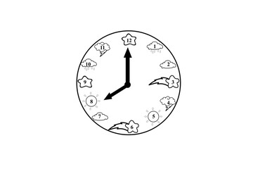 Educational clock with weather decoration on black and white background.