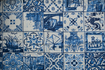 Ceramic print background in Portuguese blue and white tile. 