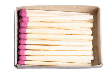 Matchsticks in a matchbox isolated on white. Top view, closeup.
