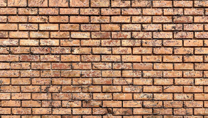 Obraz premium Front-view photography of red-brown not plastered weathered solid brick wall with traces of dirt, grunge, uneven color, rugged surface peeling. Abstract copy space seamless background texture.