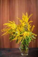 Bouquet of yellow mimosa in a vase on a wooden background