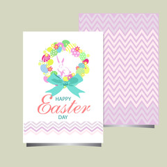 Happy Easter postcard with corolla colored easter eggs and white rabbit