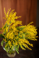 Bouquet of yellow mimosa in a vase on a wooden background