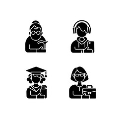 Age and gender differences black glyph icons set on white space. Female pensioner. Male teenager. Adulthood. Female student. Senile woman. Old-old age. Silhouette symbols. Vector isolated illustration