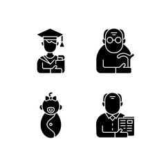 Aging process black glyph icons set on white space. Male student. Pensioner. Early adulthood. Baby phase. Old man. Infancy development. Senior citizen. Silhouette symbols. Vector isolated illustration