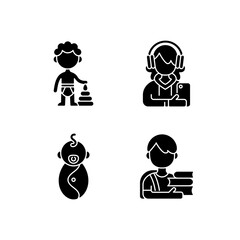 Aging process black glyph icons set on white space. Preschooler. Female teenager. Male newborn. Schoolboy. 1-2 years old boy. Adolescent years. Silhouette symbols. Vector isolated illustration
