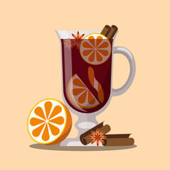 Mulled Wine vector Illustration. Garnish of  orange, cinnamon, anise, orange peel.