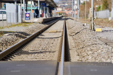 Fototapeta na wymiar Tracks close up at railway station of Männedorf, Switzerland.