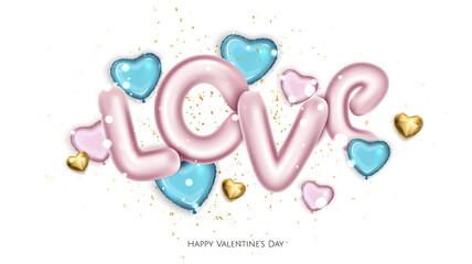 Pink and blue balloons in shape of hearts, pink metal text love. Valentine s Day Background.