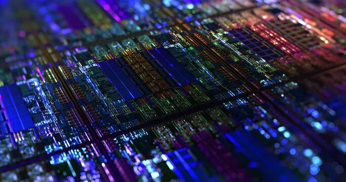 Iridescent Silicon Microchip Computer Wafer. 7nm, 5nm and 3nm manufacturing process. Semiconductor manufacturing of CPU, GPU, CMOS chip design. Integrated circuit Die shot. 3D rendering, 4K loop