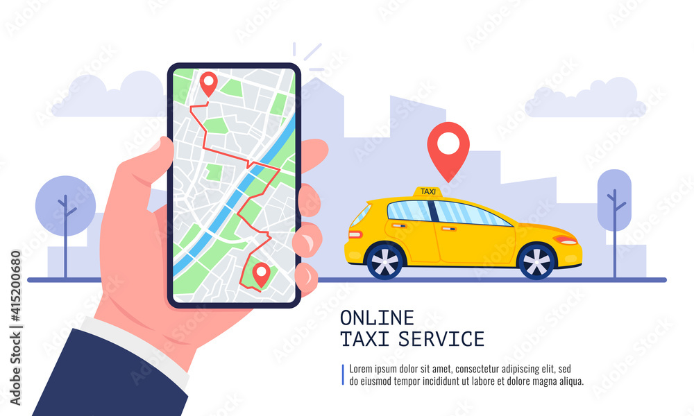 Poster man booking a car on smartphone with map. taxi app on the screen. taxi service concept. vector.