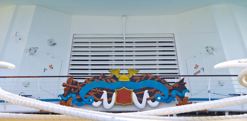 Metail reling with wooden handrail onboard modern cruiseship or cruise ship liner