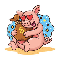 Cute Pig with Money Bag Vector Icon Illustration. Animal Mascot Cartoon Character Isolated on White Background